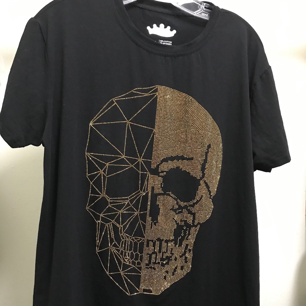 Heads or Tales, XL, Black Gold Embellished Skull Shirt